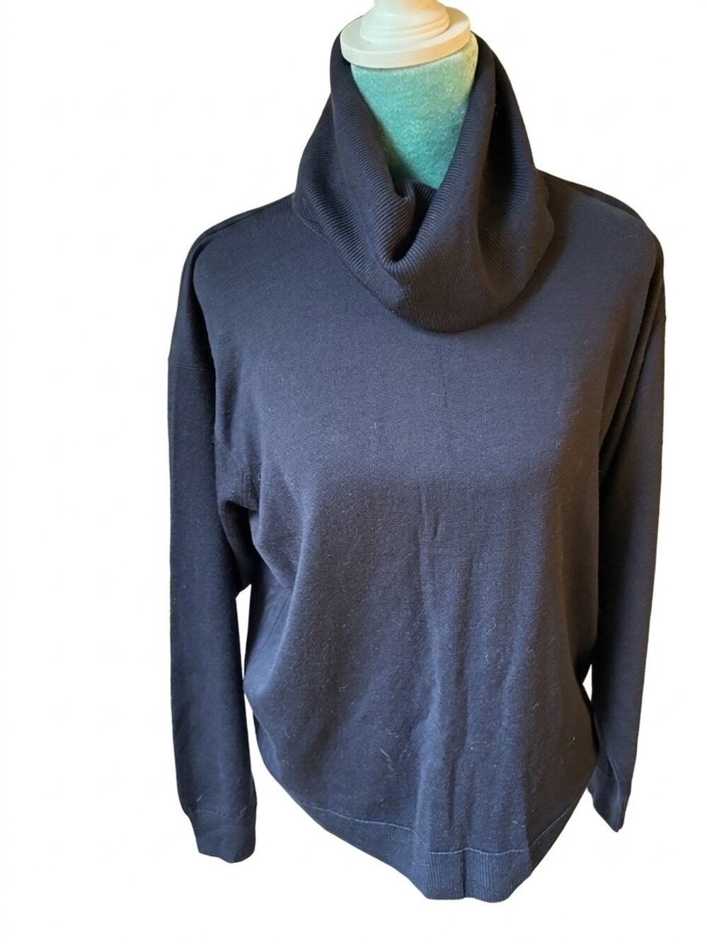 Navy Blue Pure Wool Turtleneck Sweater Dark Academia Minimalist Cowl Neck Knit